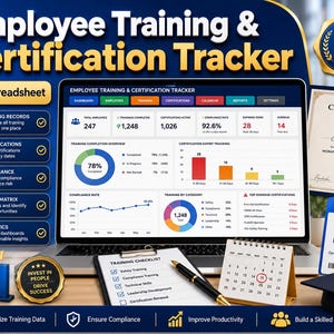 May include: A digital employee training and certification tracker displayed on a laptop screen, featuring data dashboards, charts, and metrics. Includes a physical training checklist, a desk calendar, an ID badge, and a graduation cap.
