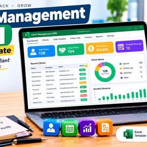 Könnte beinhalten: Ein Laptop zeigt ein Client Management CRM Excel-Vorlagen-Dashboard mit Datendiagrammen, Kundenlisten und Umsatzkennzahlen. Der Bildschirm zeigt Registerkarten für Dashboard, Kunden und Vertriebspipeline. Vier bunte Symbole stehen vor dem Laptop.