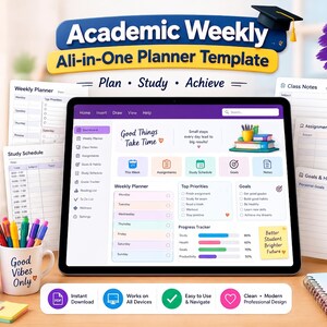 May include: An academic weekly all-in-one planner template displayed on a tablet screen, surrounded by printed planner pages, a mug with pens, and a stack of books labeled Learn, Grow, Achieve, Success. The interface features sections for goals, habits, and progress trackers with text including Good Things Take Time and Your Success Starts with a Plan.