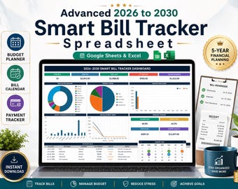 2026 to 2030 Bill Tracker Spreadsheet Google Sheets & Excel | Monthly Budget Calendar | Smart Bill Planner | Financial Planner