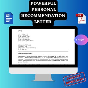 Könnte beinhalten: Ein Computerbildschirm zeigt eine Vorlage für einen "KRAFTVOLLEN PERSÖNLICHEN EMPFEHLUNGSBRIEF". Das Dokument enthält Felder für Datum, Empfänger und Absenderinformationen. Symbole für Word- und PDF-Dateien sind sichtbar, zusammen mit einer "3 Seiten"-Grafik und einem "SOFORT-DOWNLOAD"-Abzeichen.