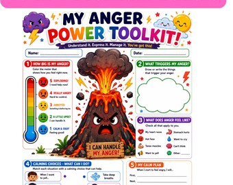 Anger ToolKit Arbeitsblatt für Kinder, emotionale Regulierung druckbar, SEL Calm Down Aktivität, Bewältigungsfähigkeiten-Tool für Therapeuten und Eltern