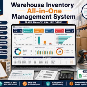Könnte beinhalten: Ein Laptop mit einem Lagerverwaltungssystem-Dashboard, das Diagramme, Tabellen und Bestandsdaten anzeigt. Zu den weiteren Gegenständen gehören ein Barcode-Scanner, ein Taschenrechner, eine Inventar-Checkliste und Dokumente mit Barcodes.