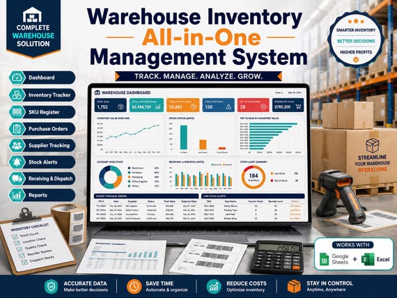 Warehouse all in one Inventory Management System | Stock Tracker, SKU, Purchase Orders, Suppliers,  | Google Sheets Excel Template