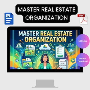 May include: A computer monitor displays the text "MASTER REAL ESTATE ORGANIZATION" with a graphic of a woman and real estate icons. Additional text includes "18 Pages" and "Instant Download."
