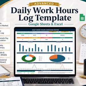 May include: A digital Daily Work Hours Log Template for Google Sheets and Excel displayed on a laptop screen. The interface features a command center with bar charts, pie charts, and line graphs for tracking hours, tasks, and earnings.