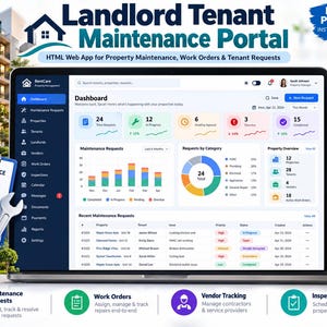 May include: A digital Landlord Tenant Maintenance Portal web app displayed on a laptop screen. The dashboard shows maintenance requests, property overviews, and work orders with charts, graphs, and tables. Icons for calendar, chat, and workers are visible.