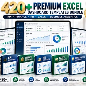 May include: A digital bundle of 420+ premium Excel dashboard templates for KPI, finance, HR, sales, and business analytics. The display features three computer monitors showing data visualizations and five square icons representing specific dashboard categories.