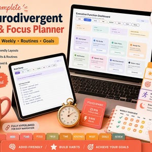 Könnte beinhalten: Ein digitales Planer-Set mit dem Titel Complete Neurodivergent Life & Focus Planner auf einem Laptop- und Tablet-Bildschirm, mit einem Executive Function Dashboard, einer Brain Dump-Liste, einer Wochenübersicht, Routinekarten und einer goldenen Stoppuhr.