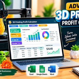 May include: A laptop displaying an Advanced 3D Printing Profit Calculator software interface with charts and data tables. The screen shows revenue, cost, and profit metrics. Nearby are 3D printed figures, filament spools, and a notepad.