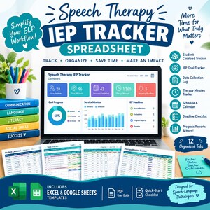 May include: A digital Speech Therapy IEP Tracker spreadsheet displayed on a laptop screen, featuring a dashboard with student data, goal progress, and service minutes. Includes Excel and Google Sheets templates, a PDF user guide, and a checklist.