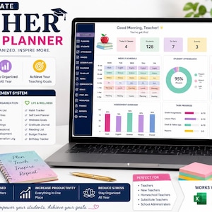 May include: A digital teacher planner displayed on a laptop screen, featuring a dashboard with a weekly schedule, student attendance, and task progress. The planner includes sections for planning, students, organization, and wellness, with text overlays.