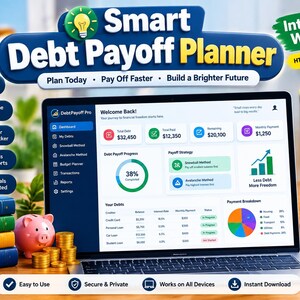 May include: A digital Smart Debt Payoff Planner web app displayed on a laptop screen, featuring a dashboard with financial progress charts, debt tracking, and payment strategies. Includes a stack of books, a piggy bank, and a coffee mug.