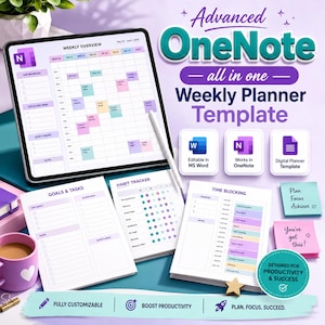 Peut inclure: Un modèle de planificateur hebdomadaire numérique pour OneNote affiché sur une tablette, accompagné de pages imprimées pour les objectifs, les tâches, le suivi des habitudes et le blocage du temps, avec des icônes de compatibilité et des notes.