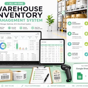 May include: A digital warehouse inventory management system display featuring a laptop and tablet showing data dashboards, a barcode scanner, a cardboard box, a roll of labels, a clipboard with a checklist, and a pallet tag with a barcode.