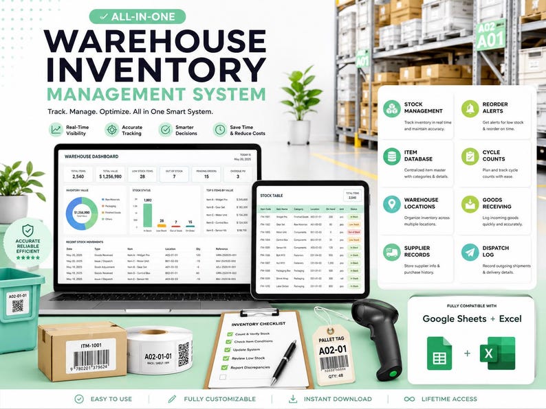 May include: A digital warehouse inventory management system display featuring a laptop and tablet showing data dashboards, a barcode scanner, a cardboard box, a roll of labels, a clipboard with a checklist, and a pallet tag with a barcode.