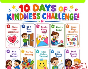Scheda di lavoro per la sfida di 10 giorni sugli atti di gentilezza / Diario della gratitudine stampabile per bambini / Attività di consapevolezza per bambini, abilità sociali per l'istruzione domiciliare