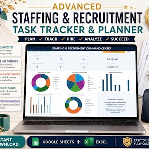 May include: A digital staffing and recruitment task tracker and planner displayed on a laptop screen. The dashboard features colorful pie charts, bar graphs, and data tables for managing candidates, job openings, and recruitment costs.