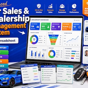 May include: A digital dashboard for a car sales and dealership management system displayed on a laptop screen. The interface includes charts, graphs, and data tables for inventory, leads, and sales performance, alongside a blue car and car keys.