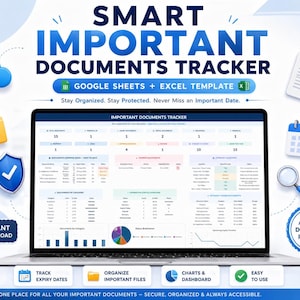 Op de afbeelding: Een digitale document-tracker-sjabloon voor Google Sheets en Excel weergegeven op een laptopscherm. De interface bevat tabellen, grafieken en dashboards voor bestandsbeheer. Iconen van wolken, mappen, schilden, kalenders en vergrootglazen omringen het scherm, met de tekst SMART IMPORTANT DOCUMENTS TRACKER.