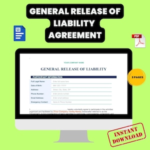 May include: A computer monitor displays a "General Release of Liability Agreement" form. The document includes fields for participant information and is available for instant download. Icons for Word and PDF files are also visible.