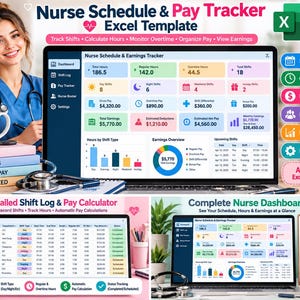 Puede incluir: Una plantilla digital de Excel para el seguimiento de horarios y pagos de enfermería en la pantalla de una computadora portátil. La interfaz incluye paneles para registrar turnos, horas, horas extras y ganancias con gráficos y tablas.