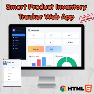 Può includere: Un monitor di computer e uno smartphone che mostrano la dashboard di un'applicazione web per il monitoraggio dell'inventario. L'interfaccia presenta grafici, stato delle scorte ed elenchi di categorie. Il testo include "Smart Product Inventory Tracker Web App" e "INSTANT DOWNLOAD".