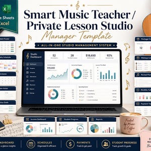 May include: A digital management template for Google Sheets and Excel titled Smart Music Teacher / Private Lesson Studio Manager Template. The screen displays a studio dashboard with charts, income data, and student metrics, surrounded by musical icons.
