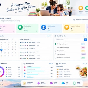 May include: A digital dashboard interface titled Working Mom Life Planner featuring a calendar, task lists, budget tracker, and meal planner. The layout includes sections for work tasks, family activities, and health goals with a white and blue colour scheme.