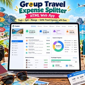 Könnte beinhalten: Ein Laptop zeigt die TripSplit Web-App-Oberfläche zur Verwaltung von Gruppenreisekosten. Der Bildschirm zeigt ein Dashboard mit Gesamtausgaben, Anzahl der Reisenden und Budgetfortschritt. Umgeben ist das Gerät von einem Reisepass, einer Sonnenbrille, einer Kamera und einer Bordkarte für einen Flug von London nach Neapel.