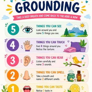 May include: A colorful educational poster titled 5-4-3-2-1 GROUNDING, featuring instructions to take a deep breath and come back to the here and now. It lists five sensory steps with icons for sight, touch, hearing, smell, and taste, ending with the text: You are here. You are safe. You matter.