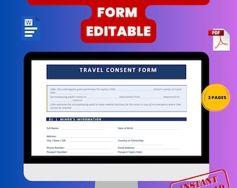 Modulo di consenso al viaggio per minori modificabile / Lettera di autorizzazione al viaggio del minore / Autorizzazione dei genitori per il viaggio in solitaria del minore / Modello Word e PDF