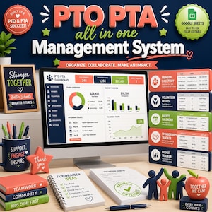 May include: A digital PTO PTA management system displayed on a computer monitor, featuring a dashboard with charts, member directory, volunteer hours, events calendar, sponsorship tracker, and budget tracker, alongside printed notebooks and pens.