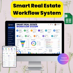 Pode incluir: Um monitor de computador e um tablet exibem uma interface de sistema de fluxo de trabalho imobiliário. A tela mostra visualizações de dados, gráficos e ferramentas de gerenciamento de tarefas. O texto na tela diz "Smart Real Estate Workflow System". Um ícone XLS verde está no canto superior direito.