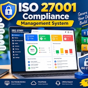 May include: A laptop displaying an ISO 27001 Compliance Management System dashboard with charts and data. Beside it are stacked binders labeled Policies, Procedures, Risk Assessment, and Audit Records, with a blue shield icon and text.