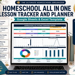 May include: A digital homeschool lesson tracker and planner template for Google Sheets and Microsoft Excel. The screen displays a dashboard titled Homeschool All-In-One Command Center with various charts, attendance trends, and academic progress metrics.