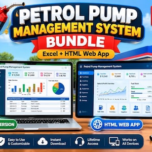 Può includere: Un pacchetto di sistema di gestione per stazioni di servizio digitale che include una versione Excel e un'applicazione web HTML. Il display mostra dashboard con dati su vendite, profitti e scorte di carburante su un portatile, un tablet e uno smartphone, insieme a una pistola erogatrice rossa.