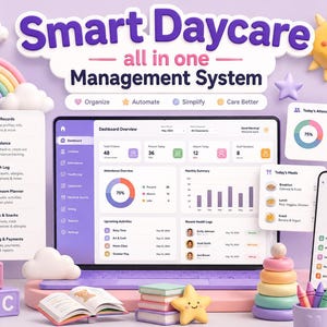 Pode incluir: Uma interface de painel digital para um sistema de gestão de creches chamado Smart Daycare, apresentando gráficos, registos de presença e perfis de crianças num ecrã de portátil, acompanhado por brinquedos educativos e um telemóvel.