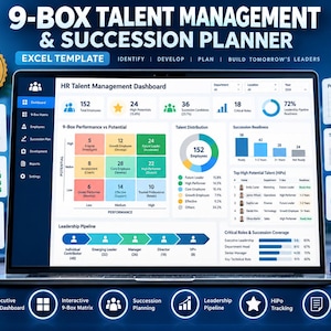 May include: A laptop screen displaying a 9-Box Talent Management & Succession Planner Excel template. The dashboard features data visualizations including a 9-box grid, bar charts, and pie charts for tracking employee performance, potential, and leadership pipeline readiness.