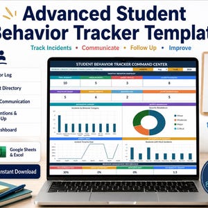 May include: A digital student behavior tracker template displayed on a laptop screen, featuring a command center dashboard with charts, graphs, and data tables. The interface includes sections for behavior logs, student directories, and parent communication.