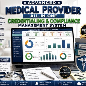 May include: A laptop displaying an Advanced Medical Provider All-In-One Credentialing & Compliance Management System dashboard with charts, next to a stethoscope, a credentialing checklist, a pen, and stacked blue binders labelled for documents.