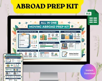 Pianificatore completo per il trasloco all'estero (Fogli Google), lista di controllo per il trasloco internazionale, budget di viaggio, organizzatore per il trasferimento, kit di preparazione per l'estero, lista delle cose da fare.