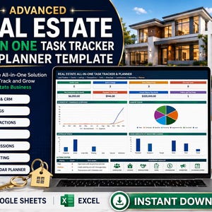 Pode incluir: Um modelo digital de rastreador de tarefas e planejador imobiliário em uma tela de laptop, com painéis de dados, gráficos e módulos de gestão. Inclui um chaveiro dourado em forma de casa, uma caneta e uma prancheta com plano diário.