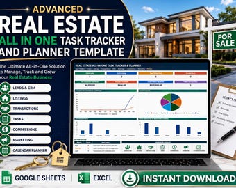 Advanced Real Estate All in One Task Tracker & Planner | Realtor CRM, Lead Tracker, Listings Transactions | Google Sheets Excel
