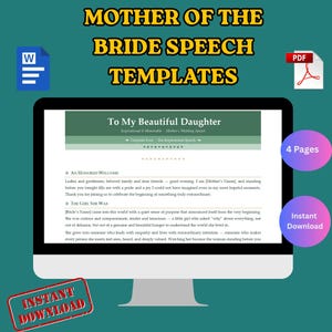 Op de afbeelding: Een computerscherm toont een sjabloon voor een bruiloftstoespraak met de titel "Mother of the Bride Speech Templates". Het scherm toont tekst, een Word-documentpictogram, een PDF-pictogram en een afbeelding met "4 Pages".