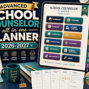 May include: A digital school counselor planner for 2026-2027 displayed on a tablet screen with colorful navigation buttons for dashboard, calendar, schedule, student caseload, counseling, groups, lesson plans, activities, assessments, forms, and notes.