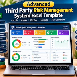 Peut inclure: Un ordinateur portable affichant un tableau de bord de modèle Excel pour la gestion des risques tiers avec des graphiques, des évaluations des risques et des catégories de fournisseurs. L'écran présente des données sur l'évaluation des risques.
