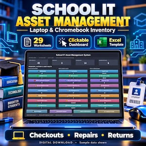 Op de afbeelding: Een digitaal IT-assetbeheersysteem voor scholen voor de inventarisatie van laptops en Chromebooks. Het scherm toont een dashboard met 29 werkbladen en een Excel-sjabloon. Tekst: School IT Asset Management, Laptop & Chromebook Inventory, Checkouts, Repairs, Returns, Student.