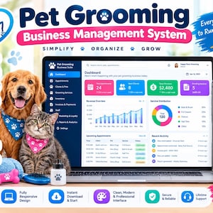 May include: A Pet Grooming Business Management System displayed on a laptop and smartphone screen. The interface shows a dashboard with revenue, appointments, and client data. A golden retriever and a tabby cat sit in front of the laptop.