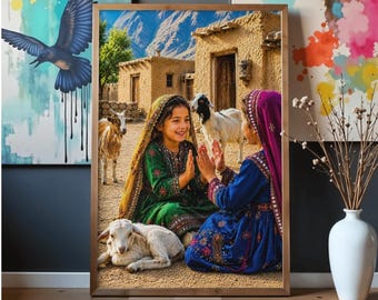 Afghan Girls Playing Hand Clapping Game Wall Art | Traditional Afghan Village Canvas Print with Goats & Mud Houses